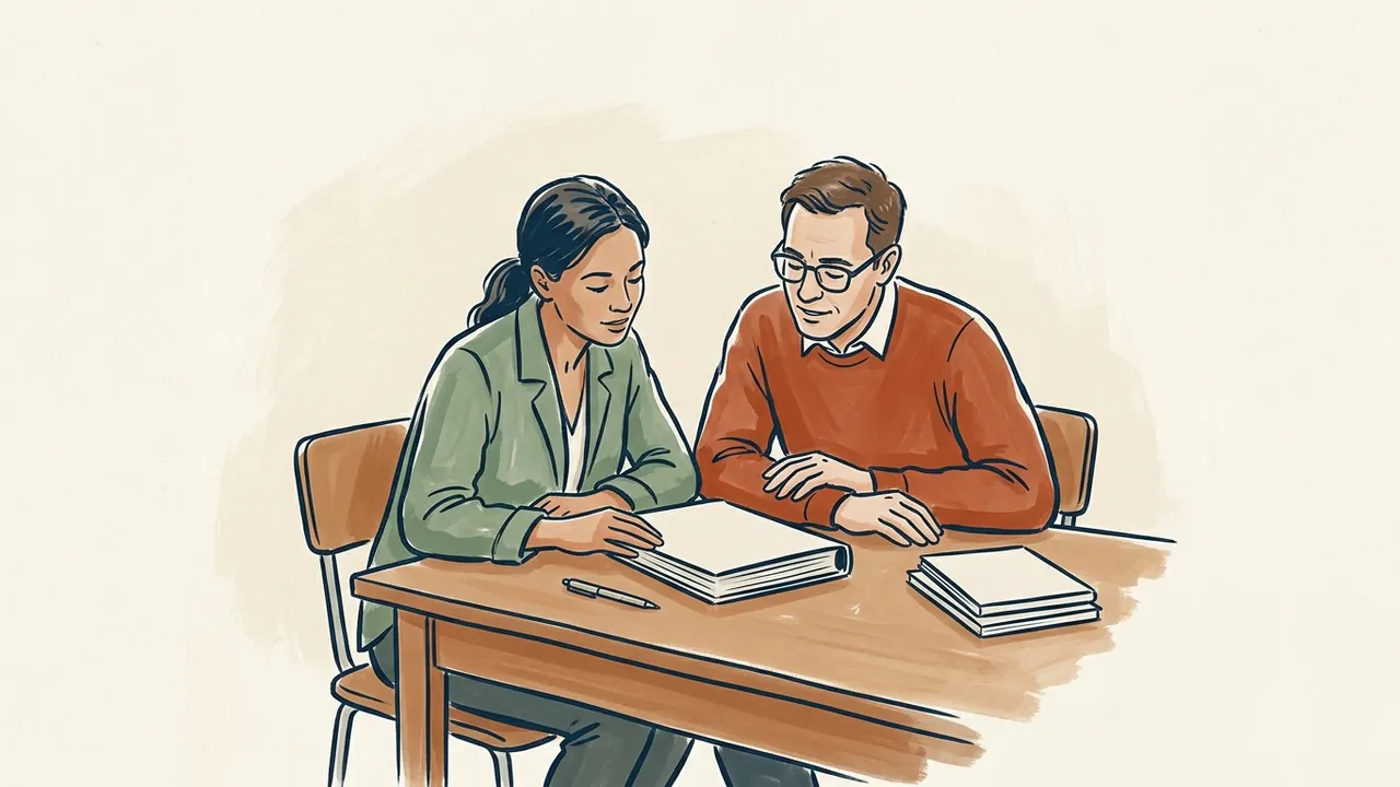 Dos personas adultas observan una carpeta cerrada de cubierta lisa sobre una mesa.