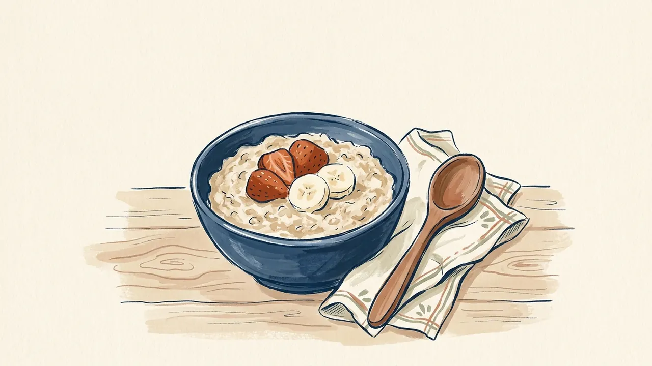 Cuenco de gachas de avena con fresas y plátano junto a una cuchara de madera.