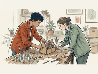 Dos personas jóvenes revisan un organizador de materiales de dibujo sobre una mesa.