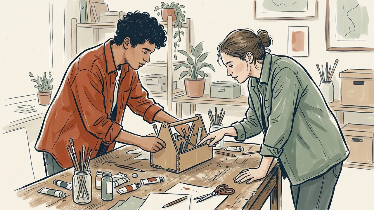 Dos personas jóvenes revisan un organizador de materiales de dibujo sobre una mesa.