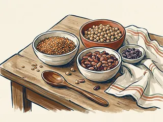 Cuencos con lentejas, garbanzos y alubias junto a una cuchara de madera.