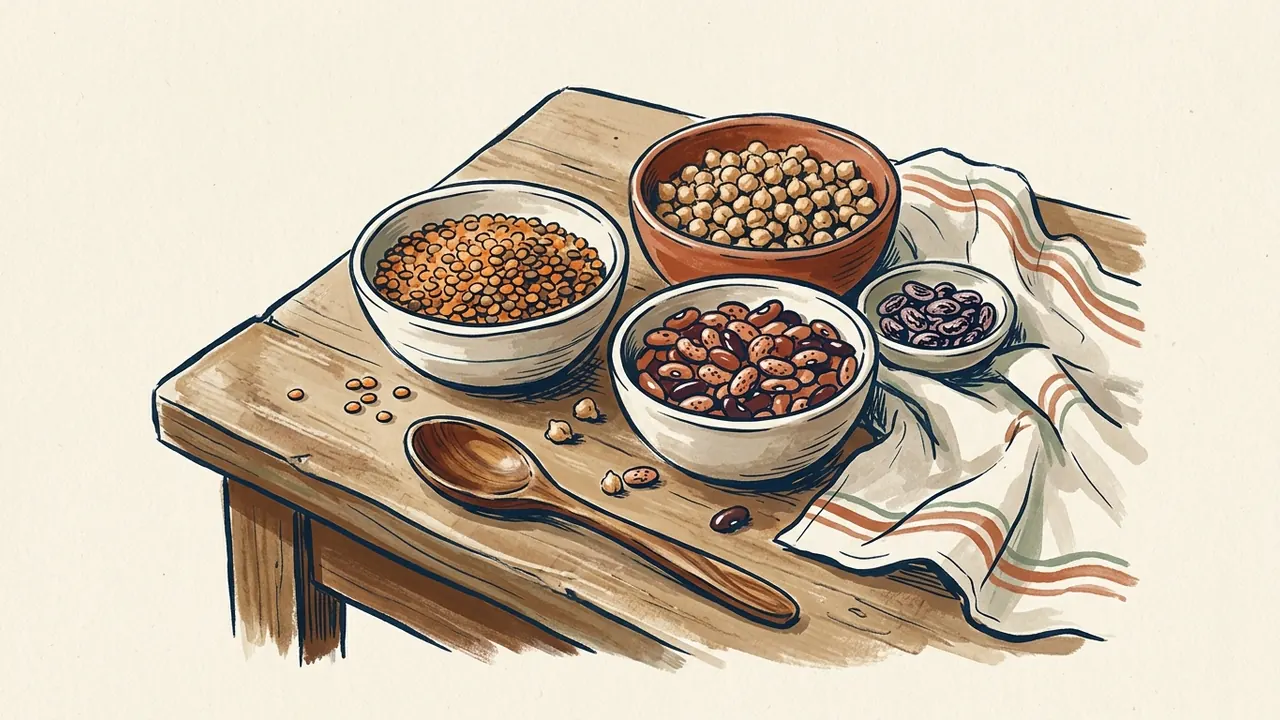 Cuencos con lentejas, garbanzos y alubias junto a una cuchara de madera.