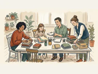 Tres personas adultas y una menor organizan libros y materiales de dibujo en una mesa.