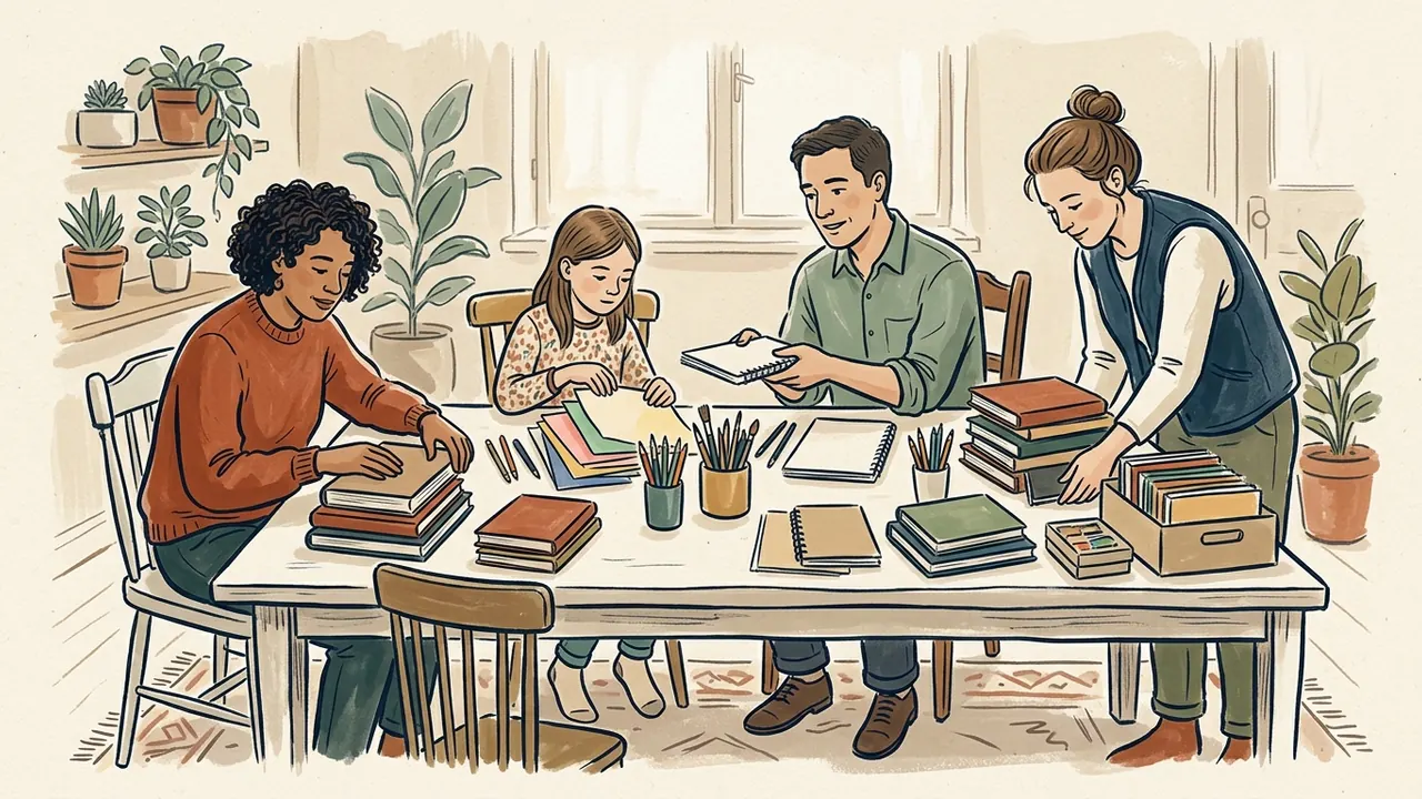 Tres personas adultas y una menor organizan libros y materiales de dibujo en una mesa.