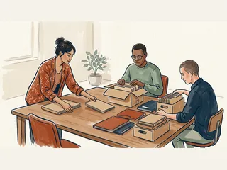 Tres personas adultas organizan carpetas y cajas de archivo en una mesa.