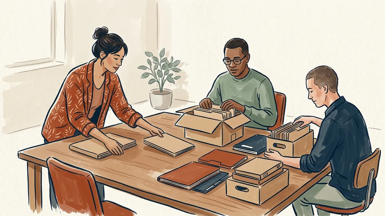 Tres personas adultas organizan carpetas y cajas de archivo en una mesa.