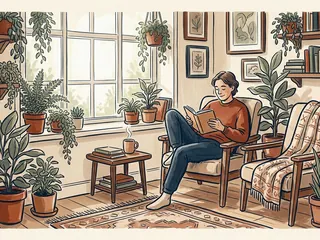 Una persona lee en un sillón junto a una ventana y plantas, con otra silla libre a su lado.