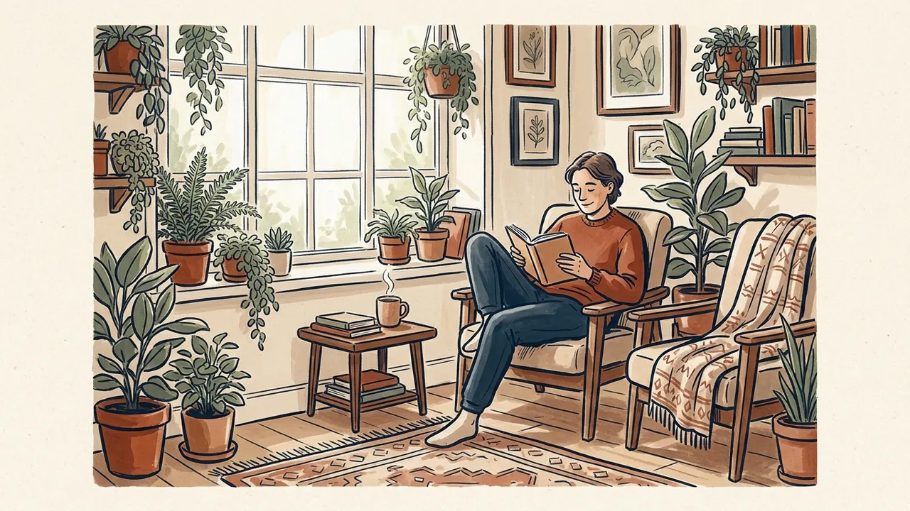 Una persona lee en un sillón junto a una ventana y plantas, con otra silla libre a su lado.