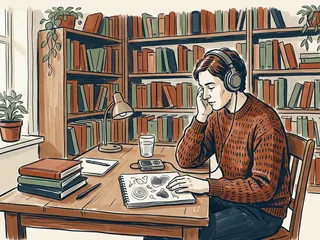 Una persona escucha una grabación con auriculares junto a un cuaderno de dibujos en una biblioteca.