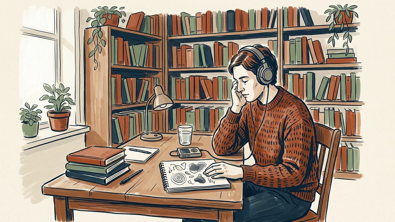 Una persona escucha una grabación con auriculares junto a un cuaderno de dibujos en una biblioteca.