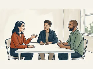 Tres personas conversan alrededor de una mesa en una sala comunitaria.