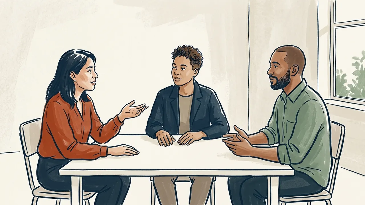 Tres personas conversan alrededor de una mesa en una sala comunitaria.