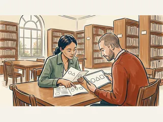 Dos personas comparan formas geométricas en papel y en una tableta.