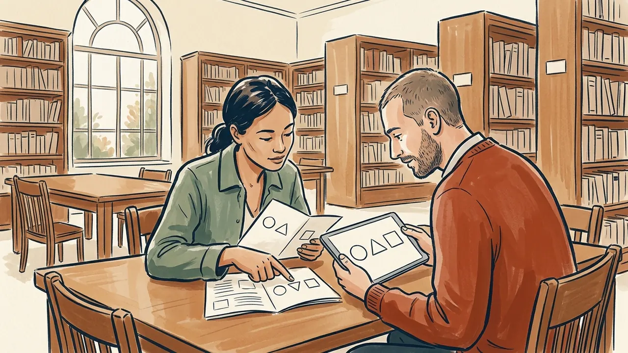Dos personas comparan formas geométricas en papel y en una tableta.