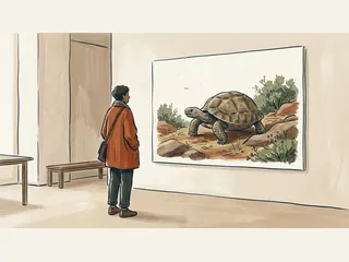 Una persona adulta contempla una ilustración de una tortuga terrestre en un paisaje natural.