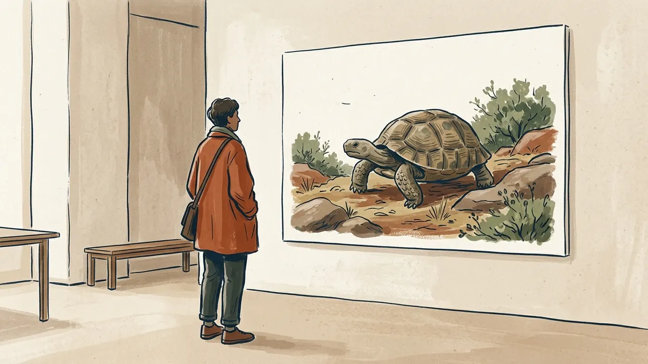 Una persona adulta contempla una ilustración de una tortuga terrestre en un paisaje natural.