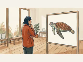 Una persona contempla una ilustración de una tortuga marina en un panel.