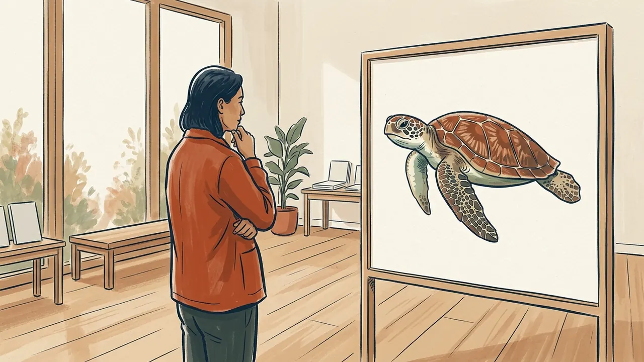 Una persona contempla una ilustración de una tortuga marina en un panel.