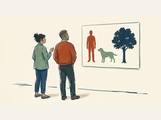 Dos personas observan un panel con siluetas separadas de una persona, un perro y un árbol.
