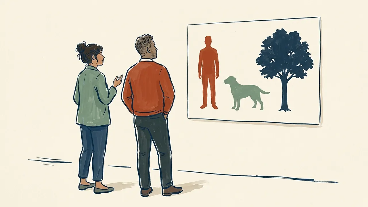 Dos personas observan un panel con siluetas separadas de una persona, un perro y un árbol.