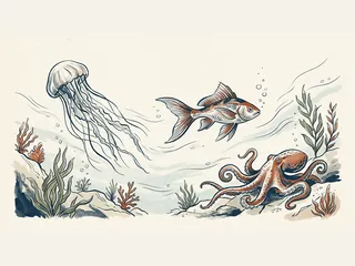 Un pez, una medusa y un pulpo en un paisaje acuático ilustrado.
