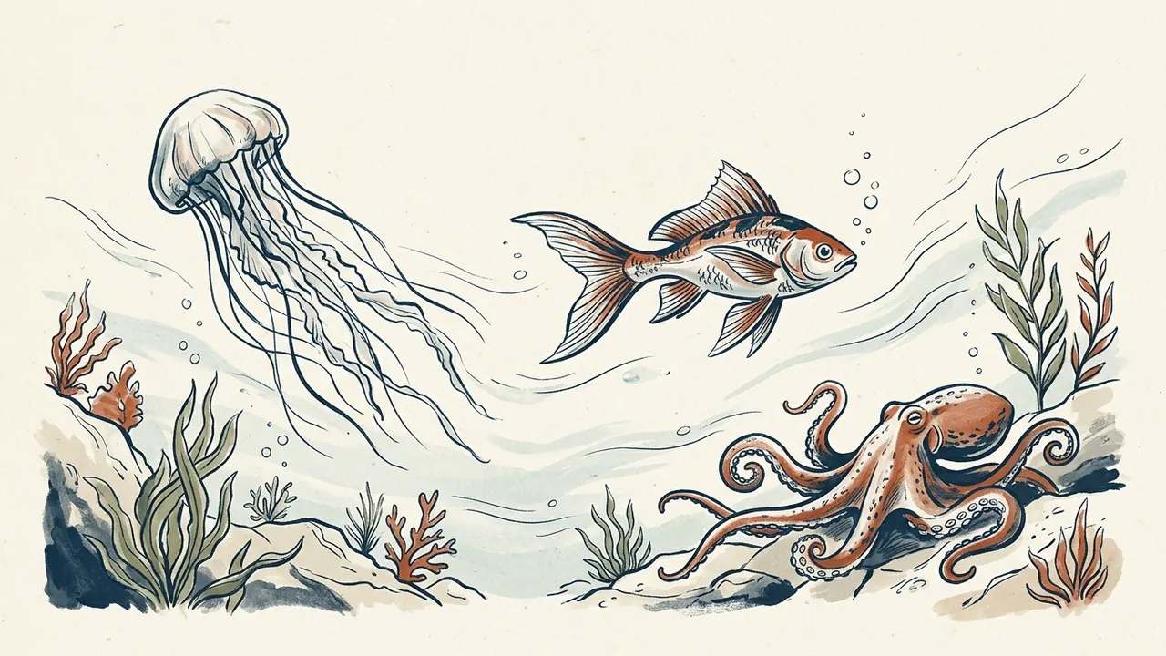 Un pez, una medusa y un pulpo en un paisaje acuático ilustrado.
