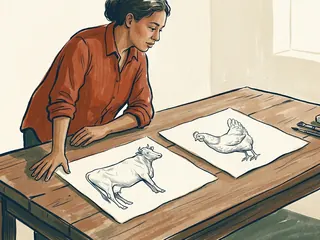 Una persona contempla dibujos de una vaca y una gallina sobre una mesa.