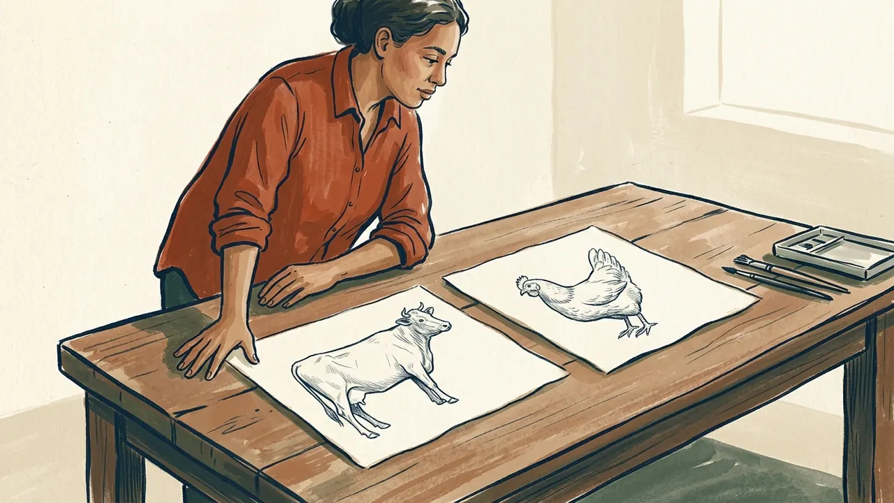 Una persona contempla dibujos de una vaca y una gallina sobre una mesa.