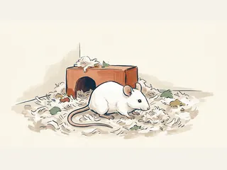 Ratón blanco sobre material de nido junto a un refugio de cartón.