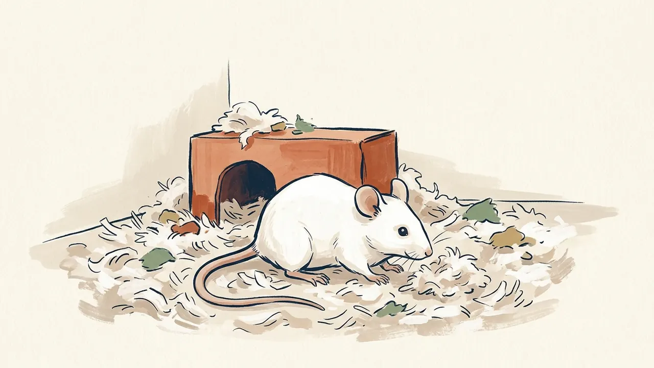 Ratón blanco sobre material de nido junto a un refugio de cartón.