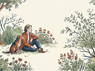 Una persona sentada junto a un perro observa un pequeño pájaro posado en una rama de un jardín.