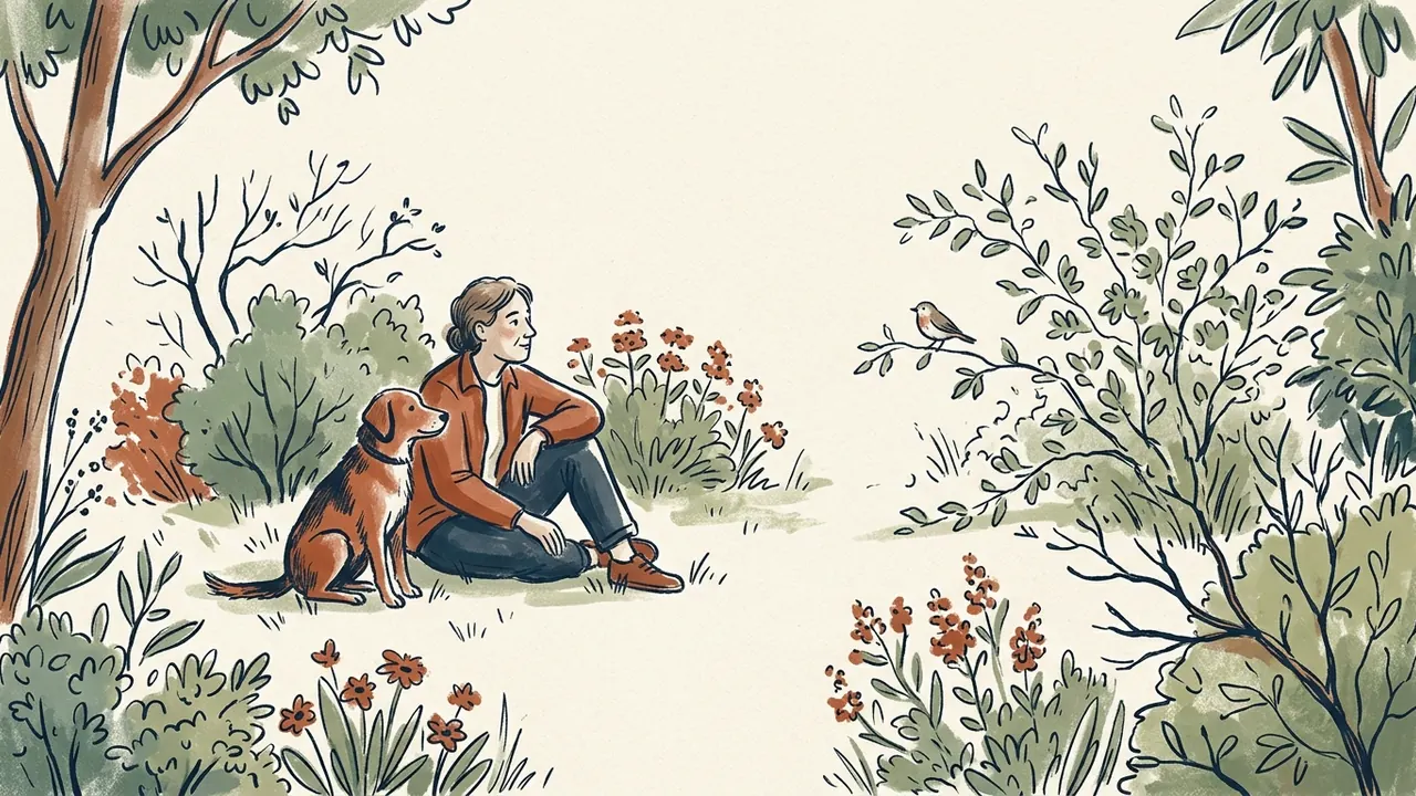 Una persona sentada junto a un perro observa un pequeño pájaro posado en una rama de un jardín.