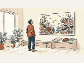 Una persona observa una ilustración de un arrecife con peces y corales.