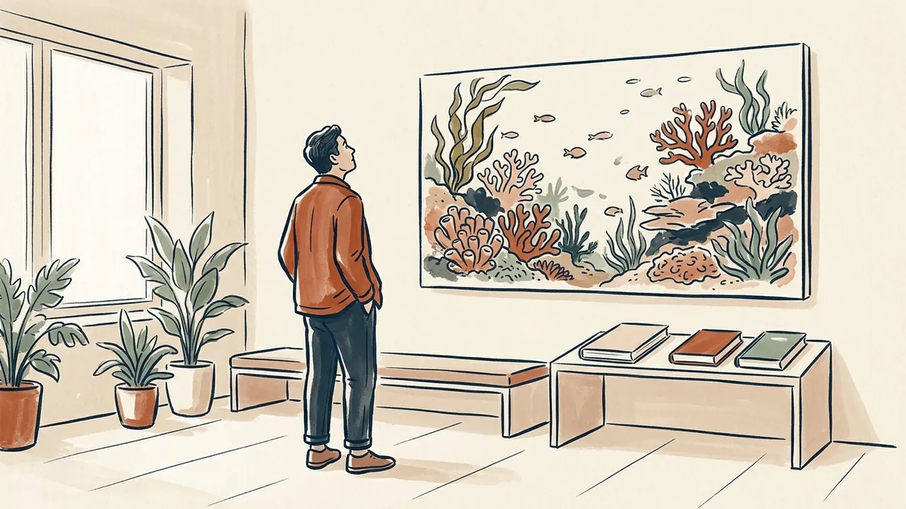 Una persona observa una ilustración de un arrecife con peces y corales.