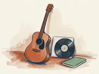 Una guitarra acústica genérica, un disco de vinilo sin texto y un cuaderno cerrado forman un bodegón.