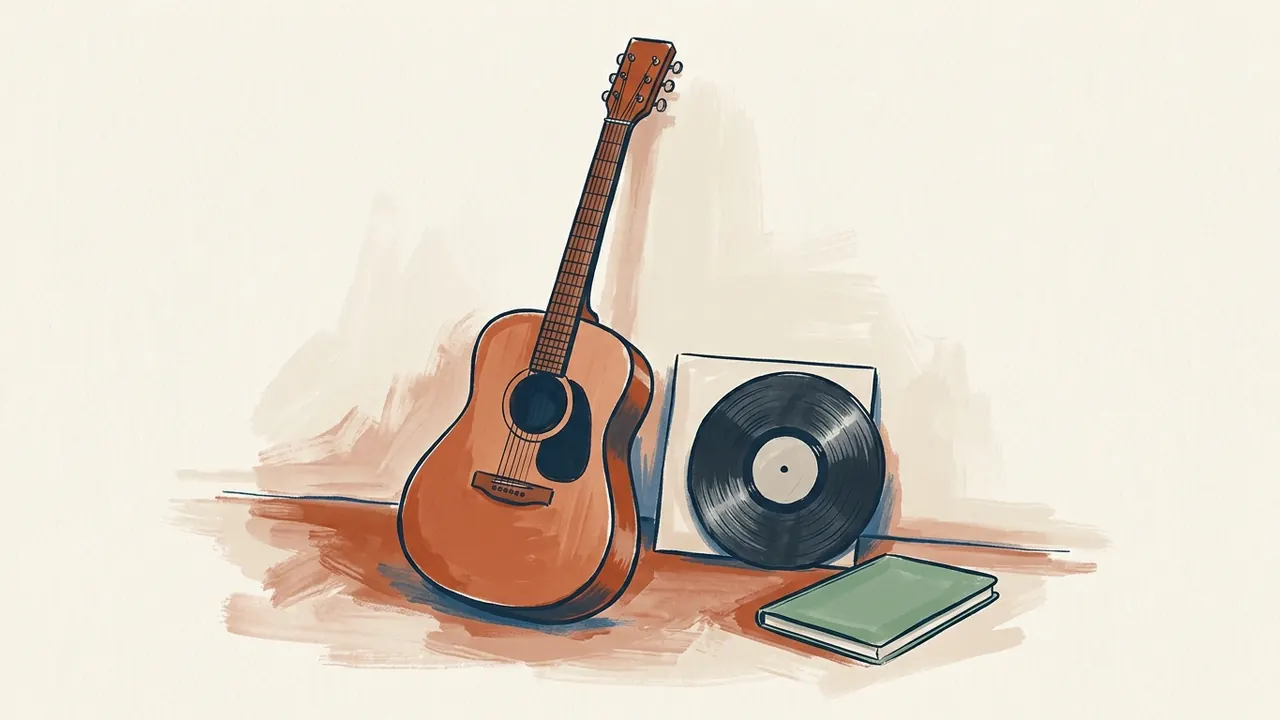 Una guitarra acústica genérica, un disco de vinilo sin texto y un cuaderno cerrado forman un bodegón.