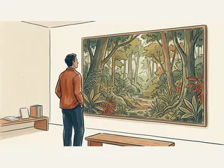Una persona contempla un panel ilustrado de un bosque frondoso en una sala con un banco y libros lisos.
