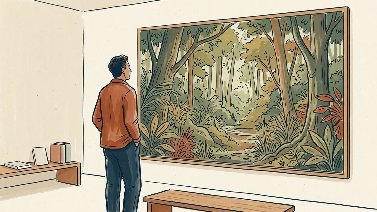 Una persona contempla un panel ilustrado de un bosque frondoso en una sala con un banco y libros lisos.