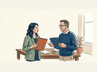 Dos personas adultas comparan carpetas lisas en un espacio informativo luminoso.