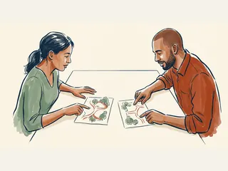 Dos personas comparan dibujos de dos distribuciones posibles de un jardín imaginario.