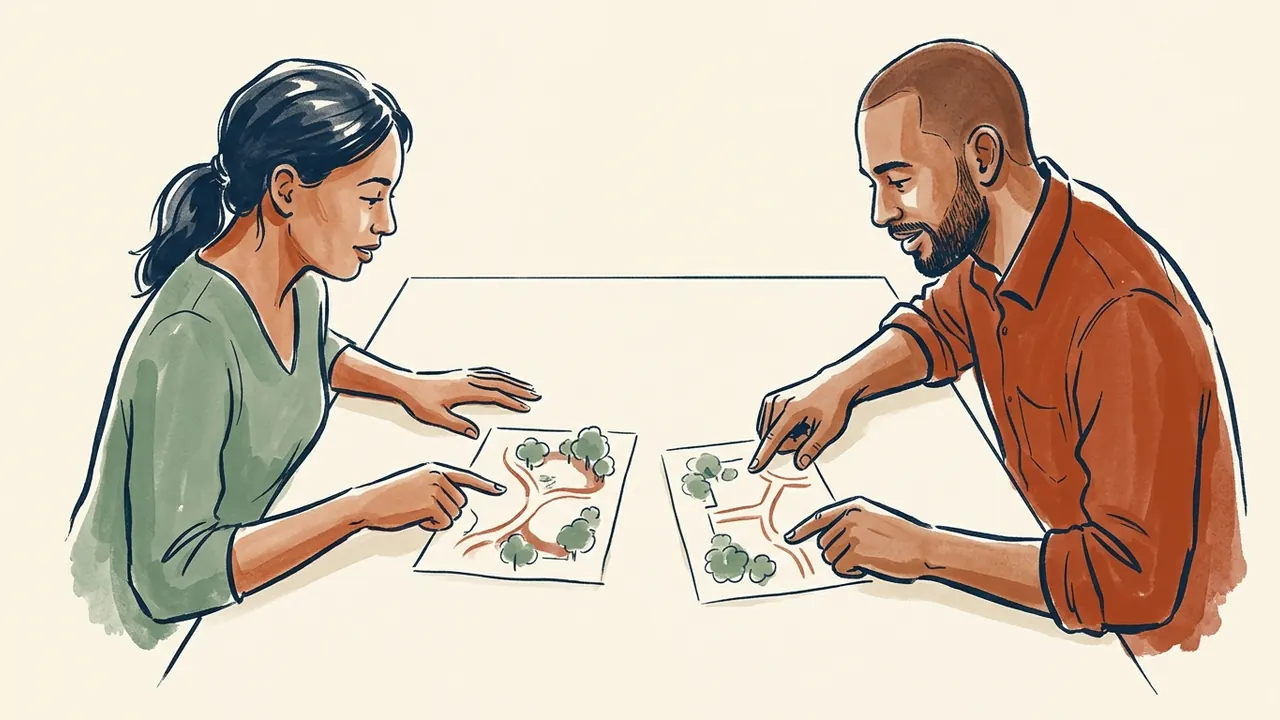 Dos personas comparan dibujos de dos distribuciones posibles de un jardín imaginario.