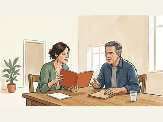 Dos personas adultas conversan mientras revisan una carpeta.
