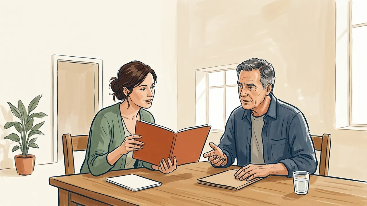 Dos personas adultas conversan mientras revisan una carpeta.