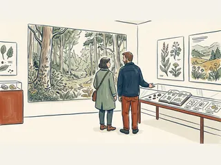 Dos personas visitan una exposición imaginaria sobre bosques y conservación.