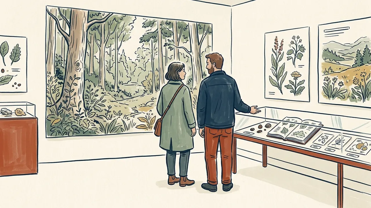 Dos personas visitan una exposición imaginaria sobre bosques y conservación.