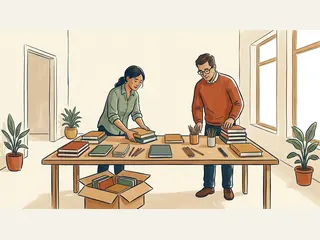 Dos adultos organizan libros y material educativo sobre una mesa.