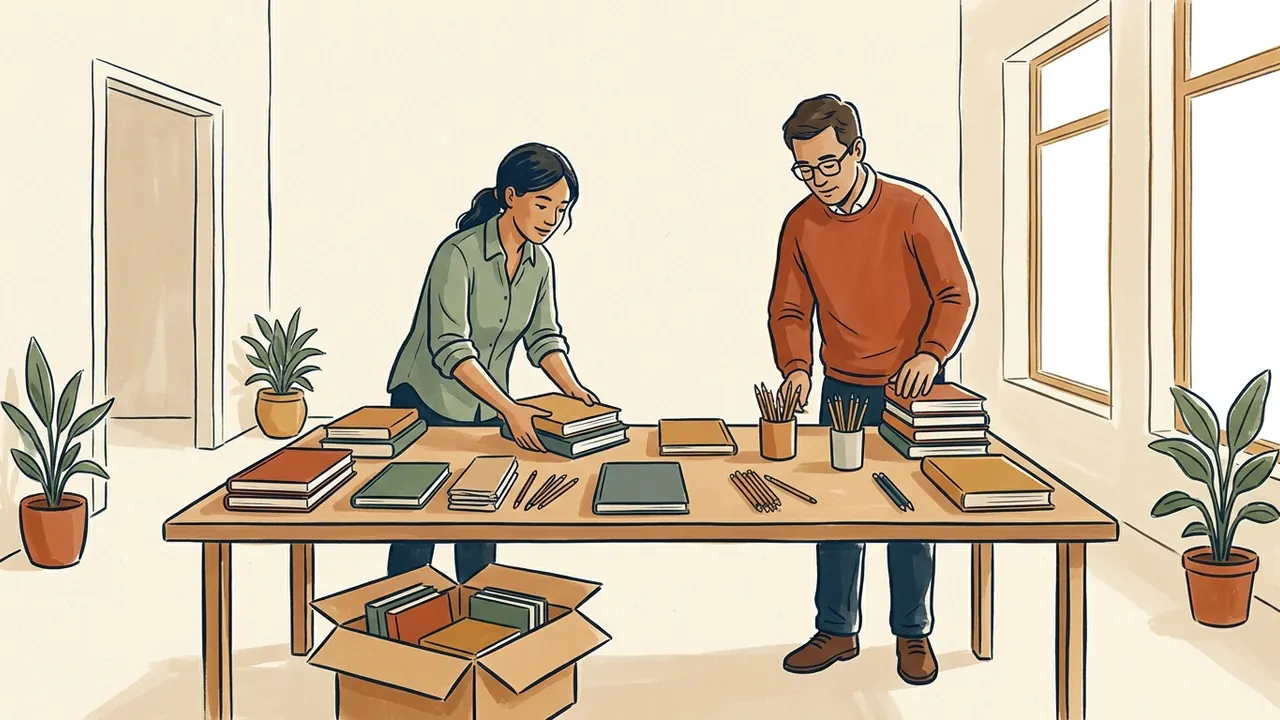 Dos adultos organizan libros y material educativo sobre una mesa.