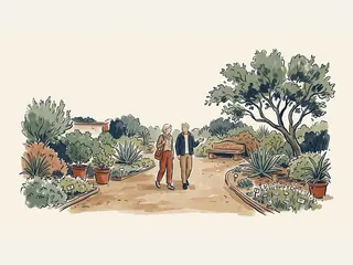Dos adultos paseando por un jardín botánico junto a plantas y un banco.