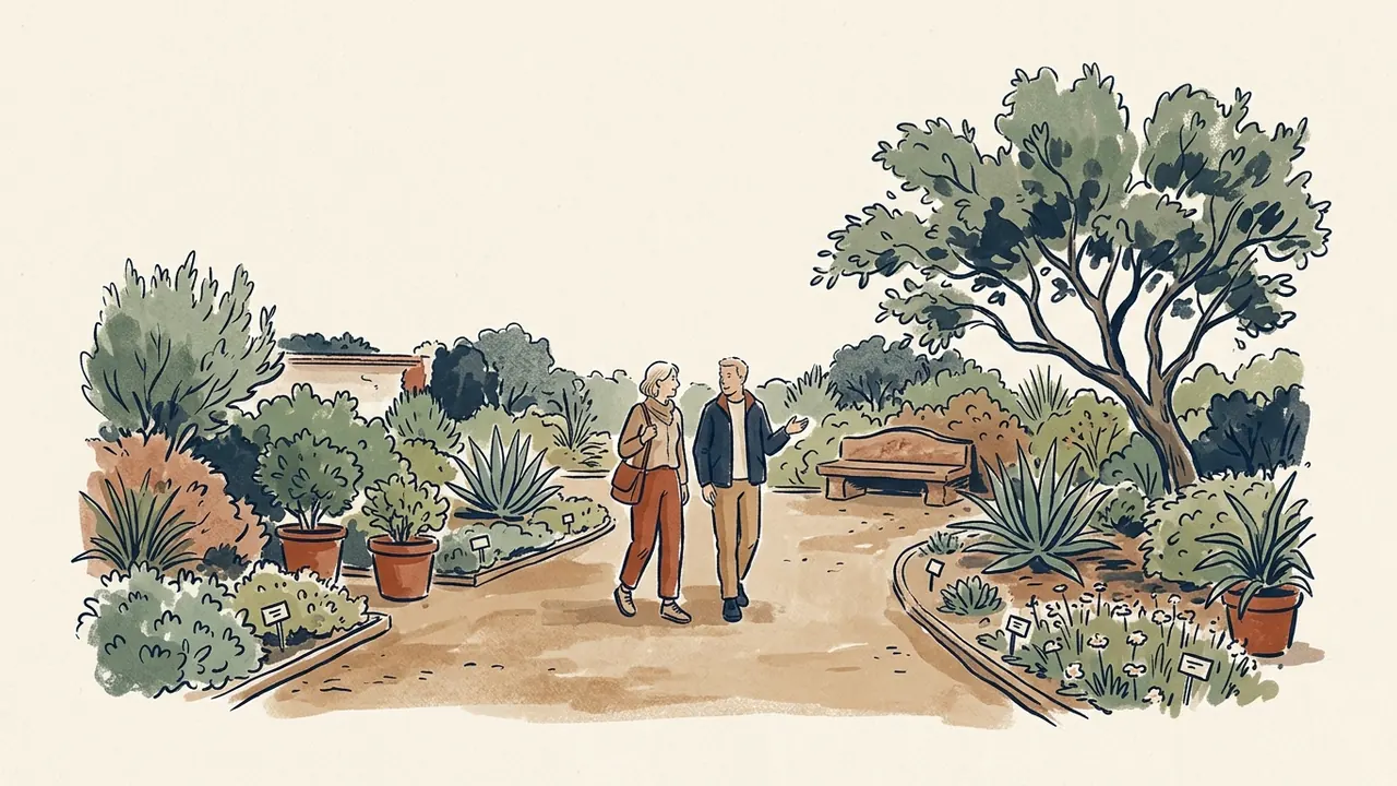 Dos adultos paseando por un jardín botánico junto a plantas y un banco.
