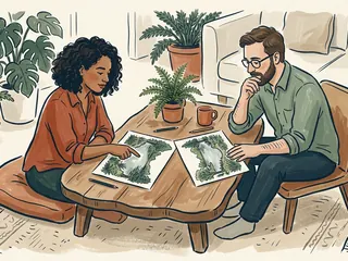 Dos personas comparan dibujos de un lago rodeado de vegetación sobre una mesa.